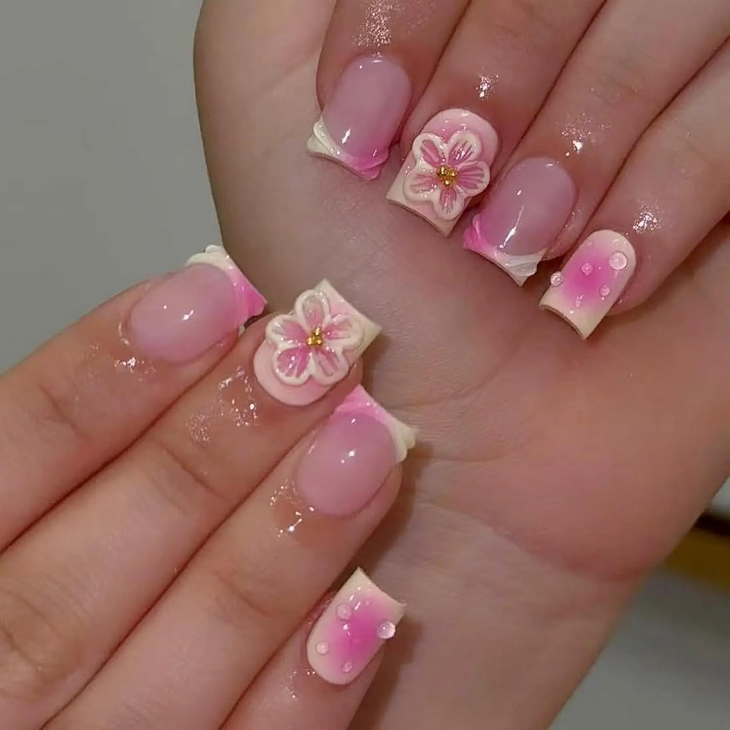 3D Short Square Press on Nails French Tip Fake Nails Pink&Yellow False Nails with Flower Water Drop Designs Rhinestone Decorated Glossy Glue on Nails Floral Stick on Nail for Women Girls 24Pcs Glittering Fake Nails, Decorative Nails