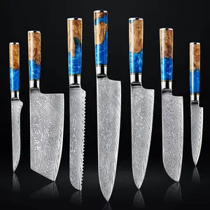 67-Layer Damascus Steel Kitchen Knife Set - 7-Piece Japanese Chef Knife Set "Tsunami" Collection, Forged from Japanese VG10 Steel