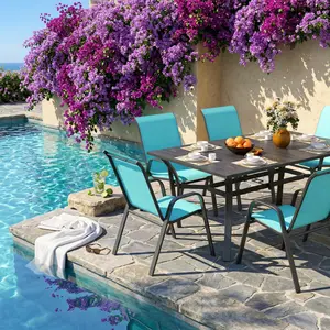 7-Piece Outdoor Patio Dining Set, 63" x 38" Rectangular Wood-Grain Metal Table w/ Umbrella Hole + 6 Ergonomic Chairs (350 lbs Capacity) , Waterproof Textilene Fabric, Rustproof Metal Frame