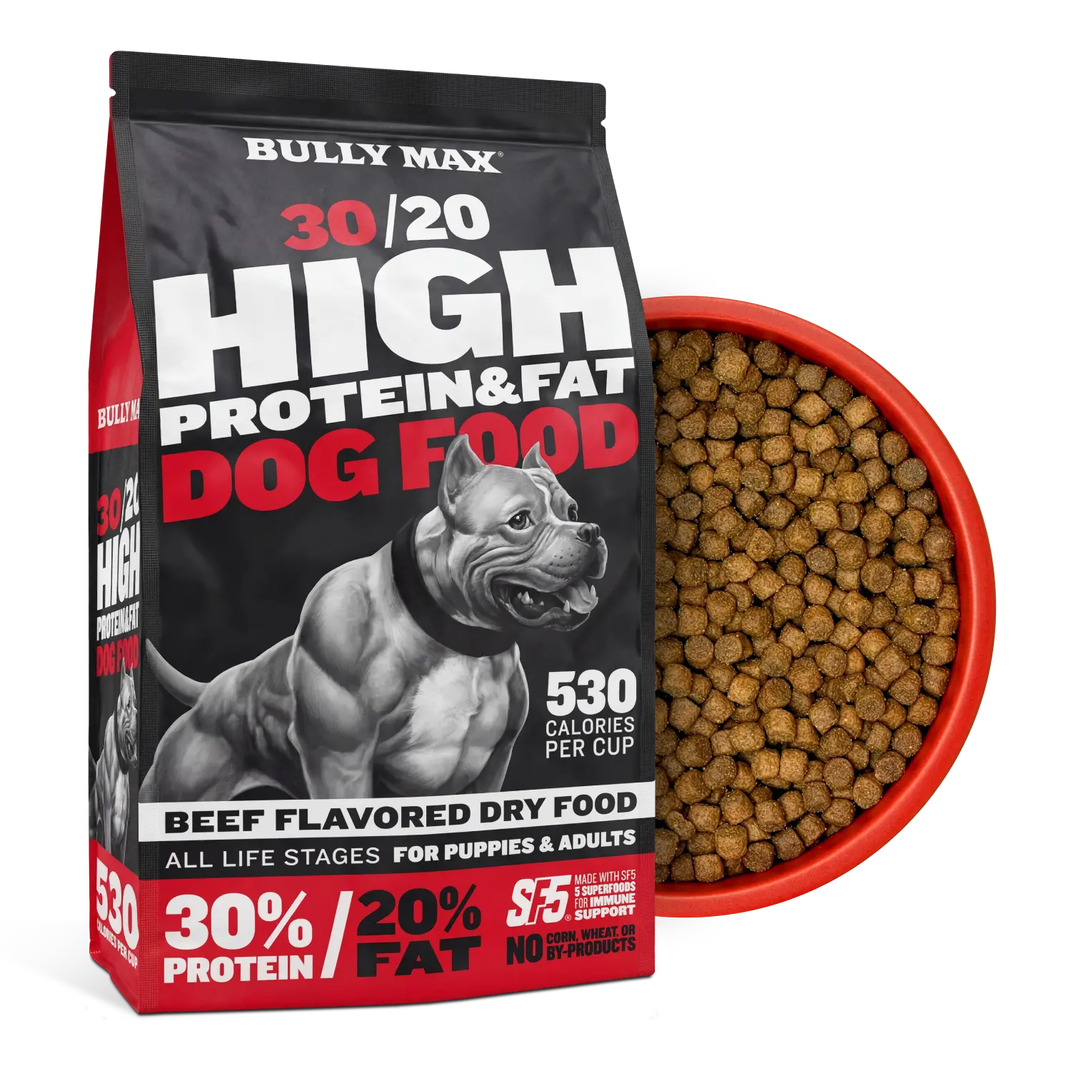 Bully Max 30/20 High Protein Beef Dog Food (5 lbs.) — 30% Protein, 20% Fat, 300% More Protein Than Fresh Beef, +10M CFU Probiotics