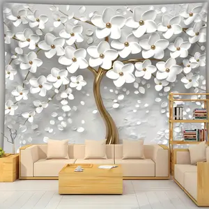 1pc Extra Large White Magnolia Tree Floral Tapestry - Elegant Minimalist Floral Wall Hanging with Golden Branches, Large Area Coverage for Living Room, Bedroom, Office, Party Backdrop - Easy to Hang No Installation Needed, Modern Home Decor