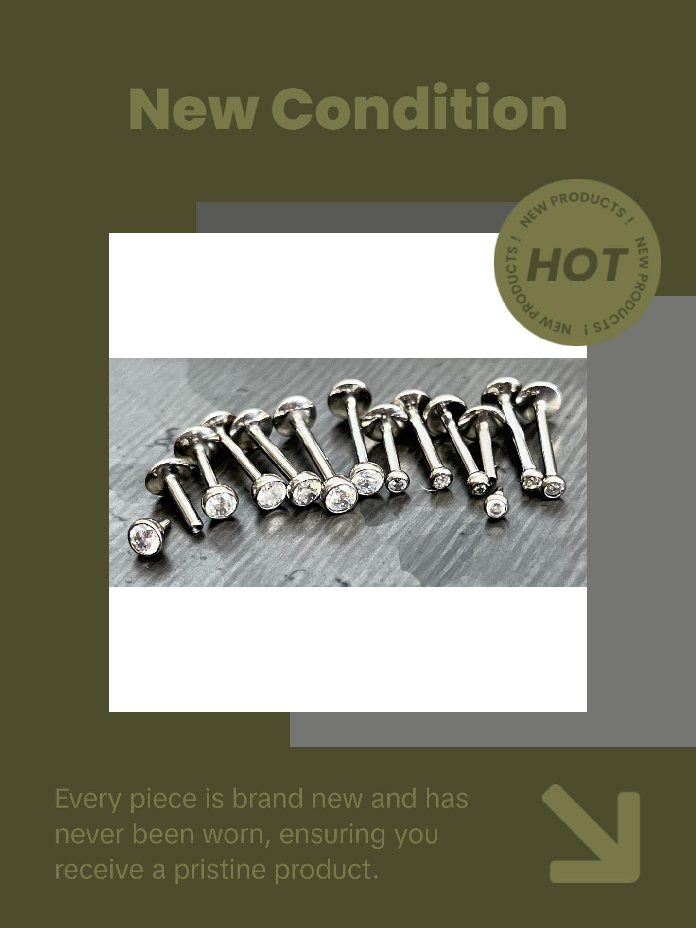 1 Piece of Internally Threaded Solid Titanium Bezel Gem Labret Stud Lip Ring - 16g or 18g - Gem Size: 2 or 3mm - Lengths - 6mm, 8mm or 10mm!