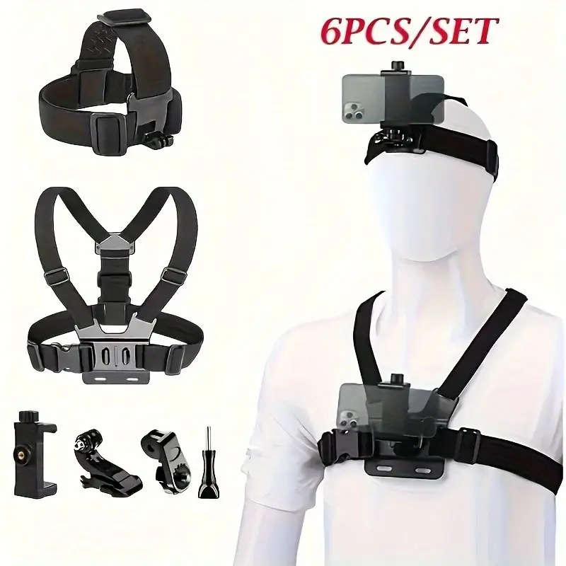 6-Piece Kit - Chest Mount Phone Holder Kit - Suitable for Phone/Camera Sports Belt Mounting - Equipment Holder, Photography Camera & Video Recording Accessories - Simple, Portable, and Practical, Action Camera