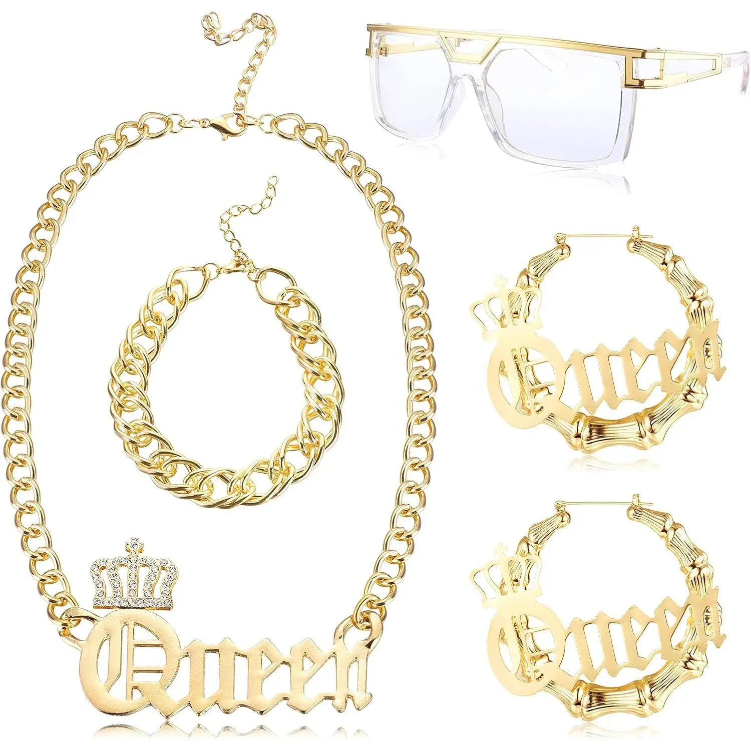 ZELORES Unisex 5-Piece Alloy Metal Hip Hop Coordinated Jewelry Set - 80s-90s Music Theme Punk Jewelry Set, Fake Gold Chain, Money Chain, Dollar Sign Pendant Necklace, DJ Punk Sunglasses, Clip Drop Earrings, Ring, Casual Beach Gift, Set Jewelry Sets, Punk