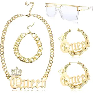 Zelores 5 Pcs Rapper Accessories, 80s 90s Hip Hop Outfit for Men Women, Fake Gold Chain Bracelet Money Chain, DJ Punk Sunglasses, Clip Earrings, Ring, Dollar Sign Pendant Necklace, Music Party Festival Christmas Gift