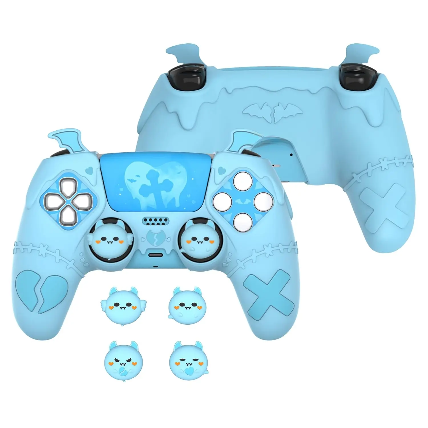 Gothic Imp Series Cute Anti-Slip Grip Silicone Handheld PS5 Controller Protection Case, Includes 4 Thumb Grips, 6 Stickers, Compatible with PS5 Charging Station, Aqua Blue Gaming Accessory, Includes Stickers