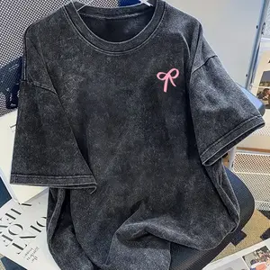 230g 100% Vintage Washed Black Short Sleeve T Shirt Loose Fit Unisex Crew Neck Casual Sports Style Machine Washable Weekend Wear Distressed Effect Durable Fabric Plus Size