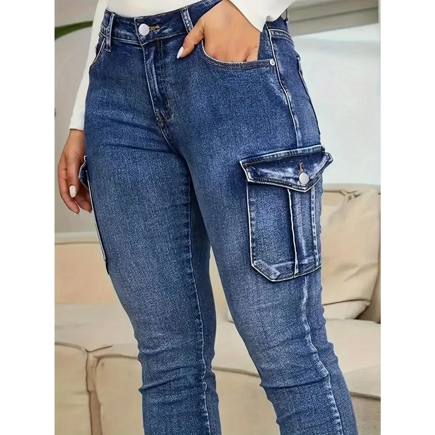 Women's High-Waisted Polyester Elastane Plain Skinny Jeans - Light Blue Washed, Modest Slim-Fit Plus Size, Casual Denim Pants with Pocket, Street Chic All Seasons Streetwear Bottoms, Denim Bottoms, Oversized