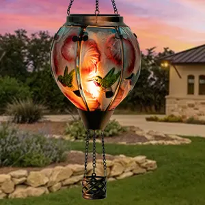 Livfineseason Hot Air Balloon Solar Lantern Flickering Flame Hanging Garden Lights, Glass Outdoor Waterproof Flame Effect Hot Air Balloon Hanging Lantern Gifts for Mom Balcony Yard Party Decorations