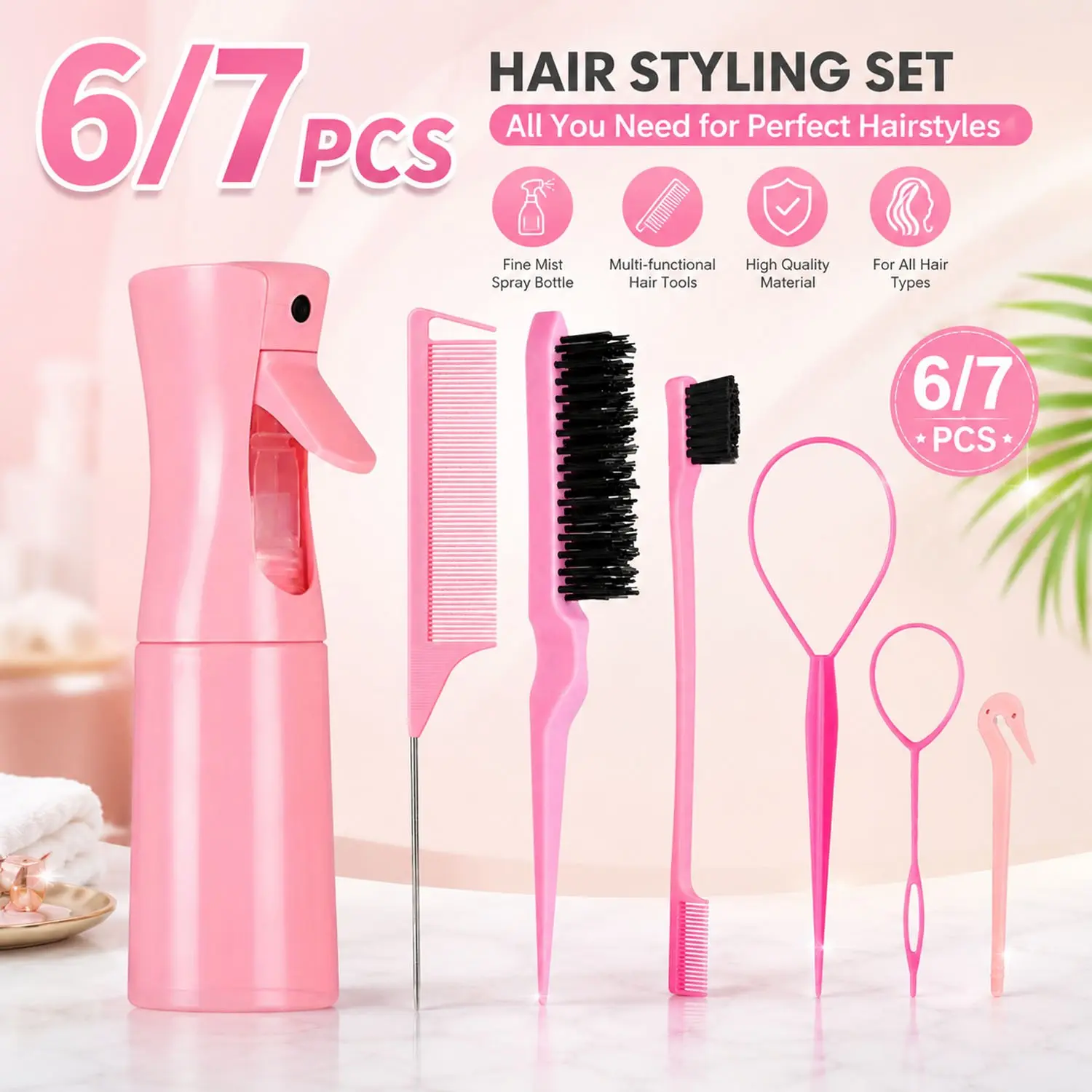 7PCS Pink Heatless Hair Styling Tools Set with Spray Bottle, Rat Tail Comb, Volumizing Brush, Hair Volume, Bun Styling Tool & Hair Clips, Hair Accessories Kit for Braiding, Parting, Detangling, DIY Hairstyles, Diy Hairstyler for Women & Girls