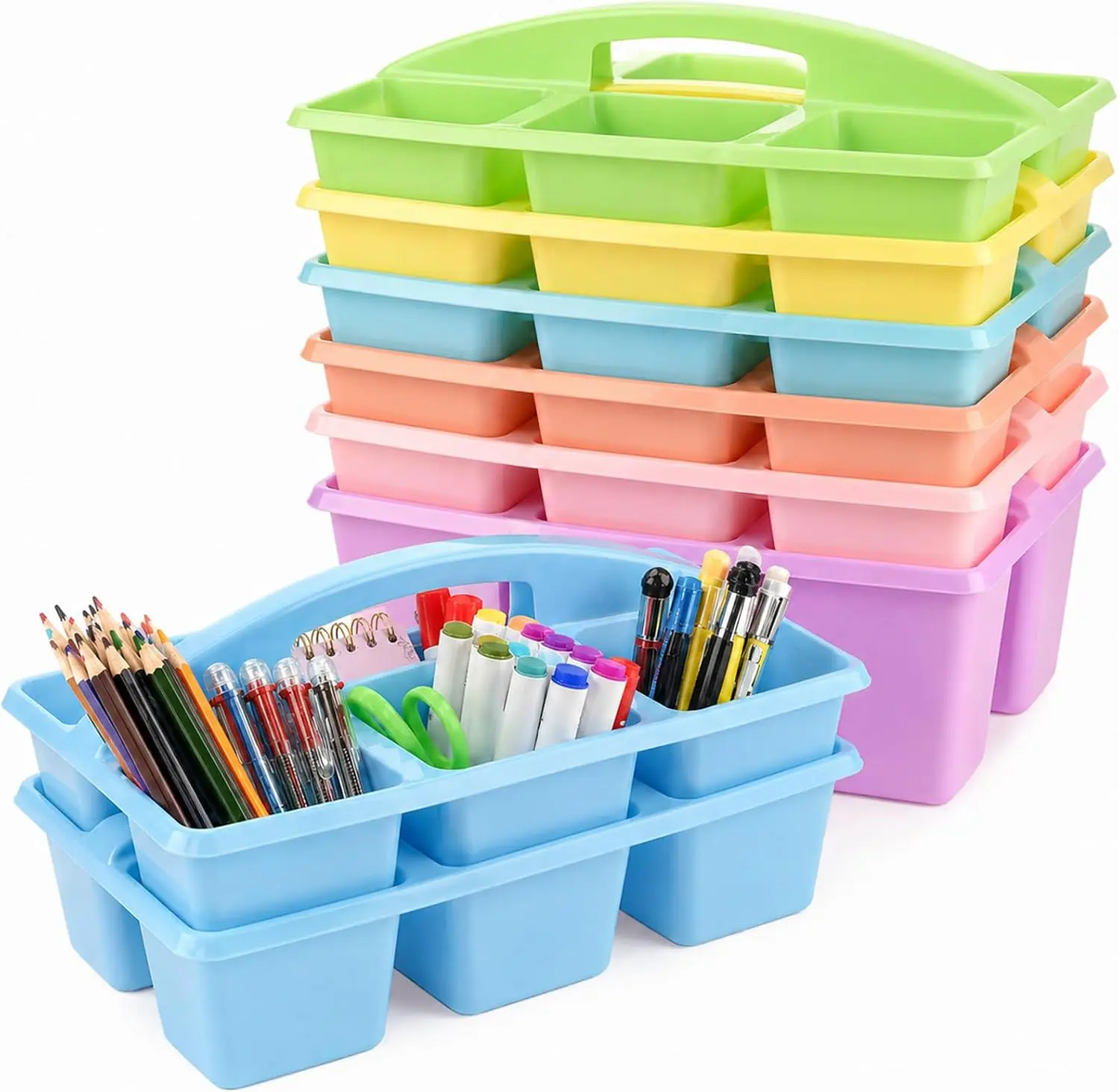 6 Pack Plastic Classroom Caddy with 6-Compartments Plastic Storage Caddies with Handle 6 Compartments Table Caddy Organizer Versatile Table Caddies for Classroom Office Storage, Pastel Color