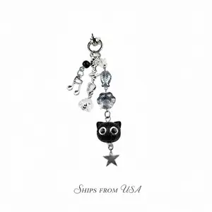 Token&Tale Vintage Creative Black Cat Phone Lanyard Cute Versatile Keychain Backpack Pendant Y2K Kitten Paw Star Fish Beaded Jewelry Accessories Unique Design Practical Addition