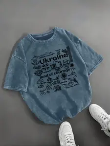 Vintage Washed Round Neck T-Shirt, Ukrainian Cultural Art Print, Retro Style, Casual Fitted Tee, Unique Design, Culture Enthusiasts