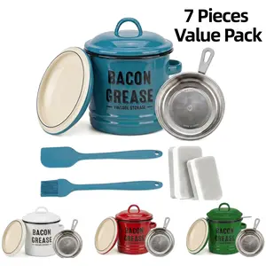 Bacon Grease Container With Strainer, 46OZ Large Enamel Grease Container, With Silicone Spatula, Farmhouse Bacon Grease Keeper, Cooking Oil Container For Kitchen Fat Storage, Dishwasher Safe（Blue/Green/Red/White)
