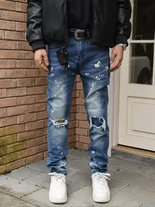 Men's Blue Denim Jeans Natural Slim Fit Ripped Design, Casual Streetwear Style, Perfect Gift for Boyfriend, All-Season Wear Pants