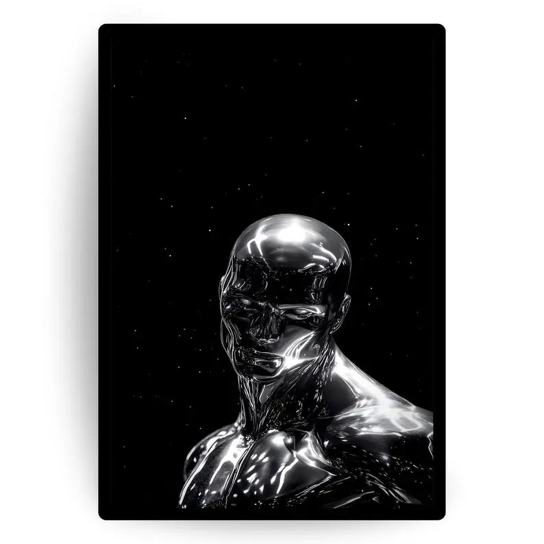 Existential Chrome Poster – Futuristic Sci-Fi Art, Reflective Silver Surreal Figure in Space, College Dorm Art, Silver Surfer