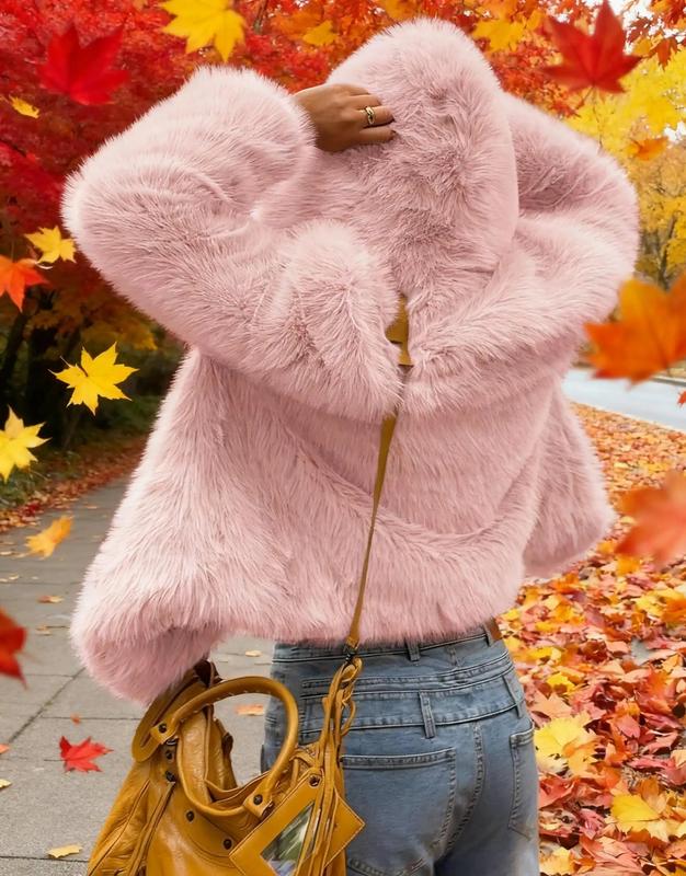 Casual Women’s Faux Fur Hooded Jacket, Short Style, Suitable for Autumn and Winter, Medium Fabric Thickness, Slim Fit, Women’s Coats, Long Sleeve, Open Front Blazer, Gwendolyn Trenchcoat, Oversized Ribbed Batwing Tunic Sweater, Trench Coats