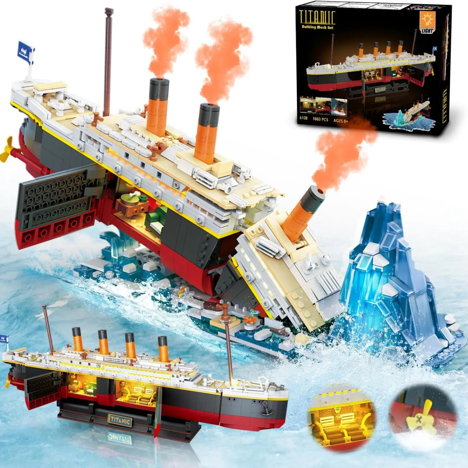 Titanic 2-in-1 Mini Building Block Set with LED Lights - 1883pcs Ship Model & Glacier Display Stand, Perfect Gift for Youngsters & Adults Ages 6+, Ideal for Birthdays & Christmas
