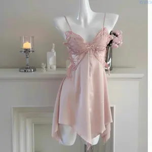 2026 Summer Women's  Ice Silk Sleepwear Set, Sexy Backless Spaghetti Strap Nightgown with Built-in Bra, Elegant Silky 2 Piece Pajamas for Lounge Date Night