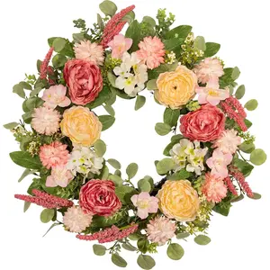 22 Inch Spring Summer Wreath for Front Door, Realistic Silk Peony & Hydrangea Wreath with Yellow Pink Flowers Grain Stems, Artificial Floral Wreath for Indoor Outdoor Porch Wall Farmhouse Decor