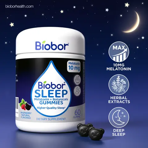 Biobor Extra Strength Sleep Gummies - 10mg Melatonin & L-Theanine for Relaxation & Stress Relief, Non-Habit Forming Raspberry, 60 Count