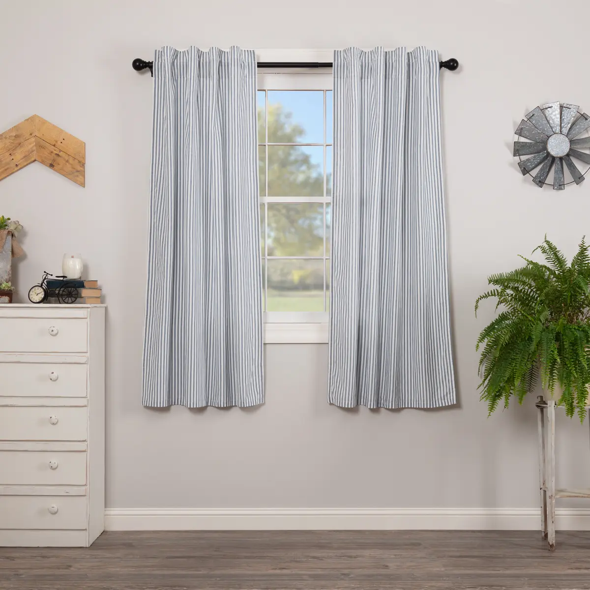 Farmstead 100% Cotton Blue Ticking Striped Short Panel Curtains - Window Curtains for Room & House Decor