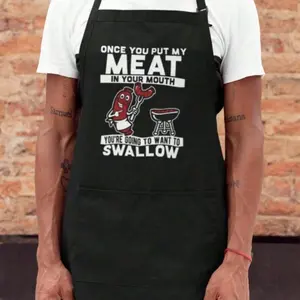 1pc Humorous Grilling Apron Men - Once You Put Meat In Your Mouth Design, Black Polyester Cooking Apron With Funny BBQ Illustration, Father's Day Smokers And Grill