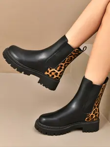 Women's Rain Boots, Fashion Short Waterproof Shoes, Outdoor New Chelsea Water-Resistant Non-Slip Leopard Print and Cream Color