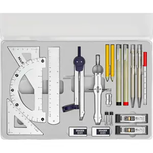 20 count Professional Geometry Set with Case, Drafting Tools with Protractor and Compass, Metal Rulers, Triangles, Pens, Pencils, Drawing Supplies, Drafting Kit for Architect Engineer Students