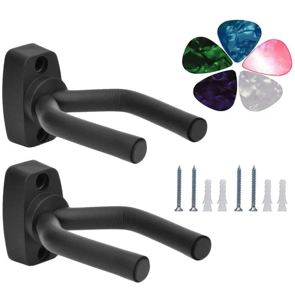 2-Pack Universal Guitar Wall Mounts - Heavy-Duty Music Gear for Basses, Acoustic/Electric Guitars, Mandolin, Ukulele, Installs in Minutes, Saves Space, 100g Capacity, 20*8*4cm Size, Flexible Adjustable Hooks + 5 Picks