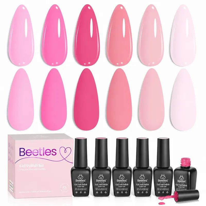 Beetles Pink Melody-6 Colors Multi-Pack Gel Polish Set, Summer Nude, Light & Baby Hot Pink Shades, Smooth Brush, Primer-Inclusive, Wipe-Ready, Salon-Grade, Long Lasting Soak-Off UV LED Bottles for DIY Home Manicure, Gentle Gift