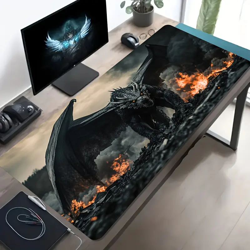 High Quality 1 Large-Sized Esports Gaming Mouse Pad Featuring A Dark Dragon Breathing Fire Scene Design, With A Non-Slip, Washable Rubber Base. This Oversized Desk Mat Is An Office Desk Accessory, Computer Decor Accessory, And A Stain-Resistant Gaming Mou