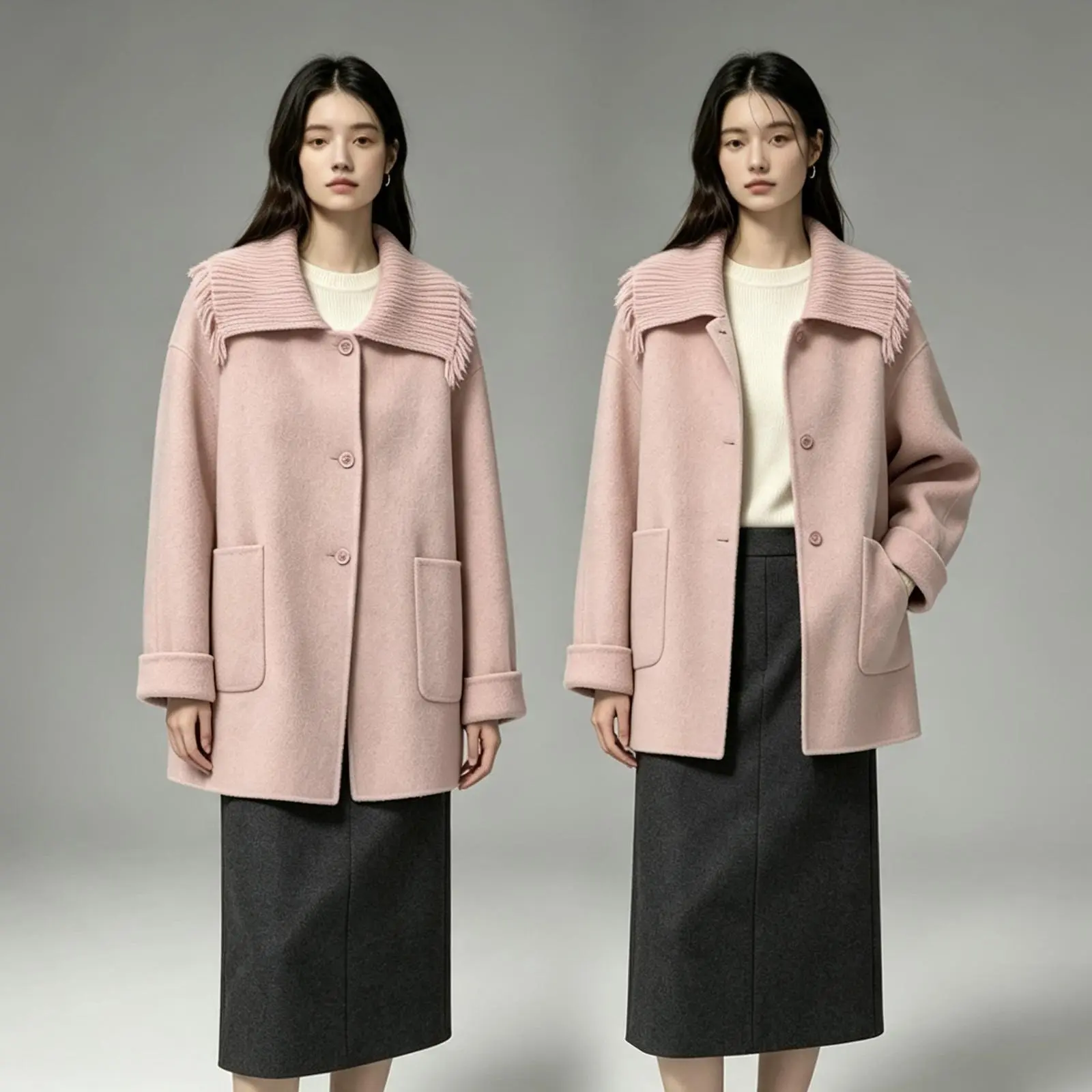 Women's 100% Wool Wrap Coat Mid Length-Convertible Knit Collar: Wear as a Lapel or Stand Collar