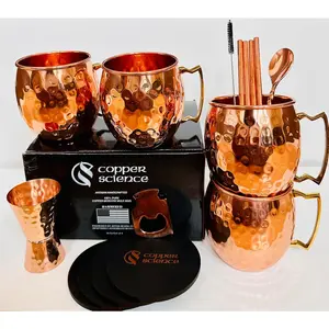 Handcrafted Copper Moscow Mule Cups Set of 4 with Straws, Shot Glass, Coasters, Stirrer, Bottle Opener - Moscow Mule Mugs for Home Bar Kitchen Accessories
