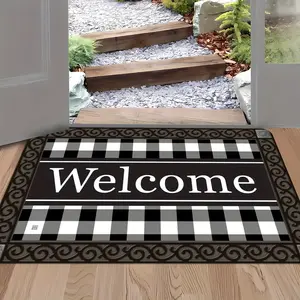 Heavy-Duty 600gsm Extra Large Welcome Doormat 1pc - Thick Plush Mat with Black & White Checkered Welcome Lettering - Non-Slip Backing - Machine Washable Indoor/Outdoor Checkered Rug