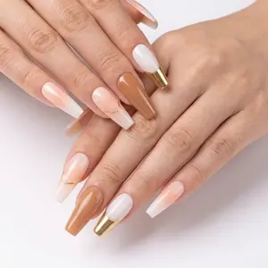 Elegant Neutral Fake Nails, Long Coffin Press On Nails with Nude, Brown & Gold Design, Versatile for Work & Events unique almond craft project