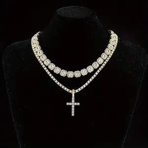 2pcs/set Amazing Hip Hop Cuban Chain Cross Design Pendant Necklace - Fashion Pendant for Women and Men with Jewelry Gift Ideas, Stylish and Versatile Gold Plated