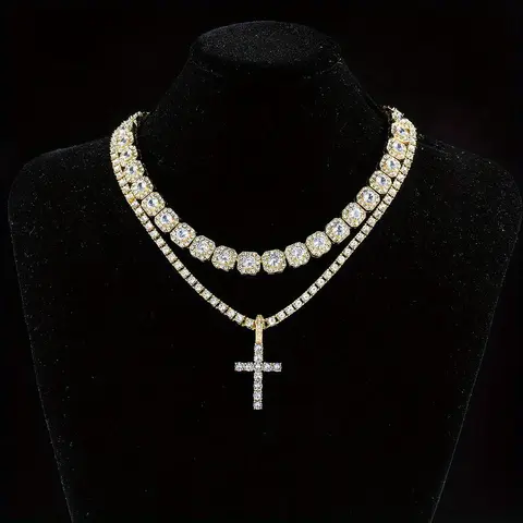 2pcs/set Amazing Hip Hop Cuban Chain Cross Design Pendant Necklace - Fashion Pendant for Women and Men with Jewelry Gift Ideas, Stylish and Versatile Gold Plated