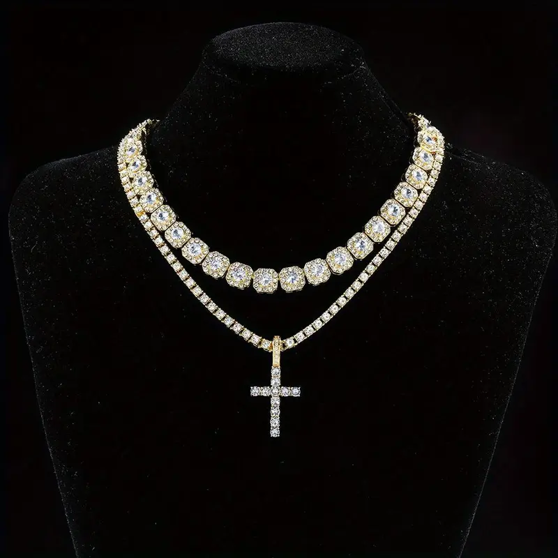 2pcs/set Amazing Hip Hop Cuban Chain Cross Design Pendant Necklace - Fashion Pendant for Women and Men with Jewelry Gift Ideas, Stylish and Versatile Gold Plated