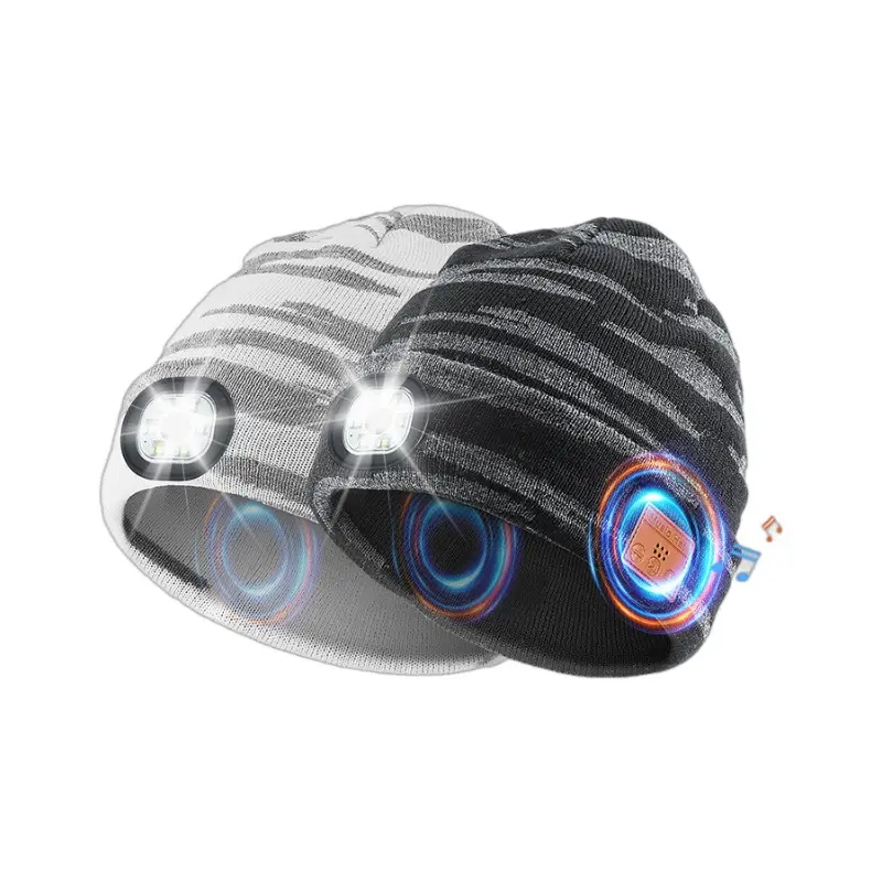 Unisex Solid Knit Beanie Hat with USB-C Rechargeable LED Light & Bluetooth Wireless Earphones, Washable, for Sports, Adults, Gray Black, Headphones For Sports, Headset, Electronic