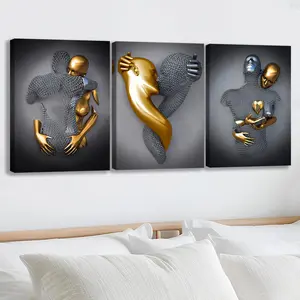 Wooden Framed Abstract Metal Figure Pattern Canvas Painting, 3 Counts Modern Wall Art Painting, Wall Art Decor for Home Living Room Bedroom Office