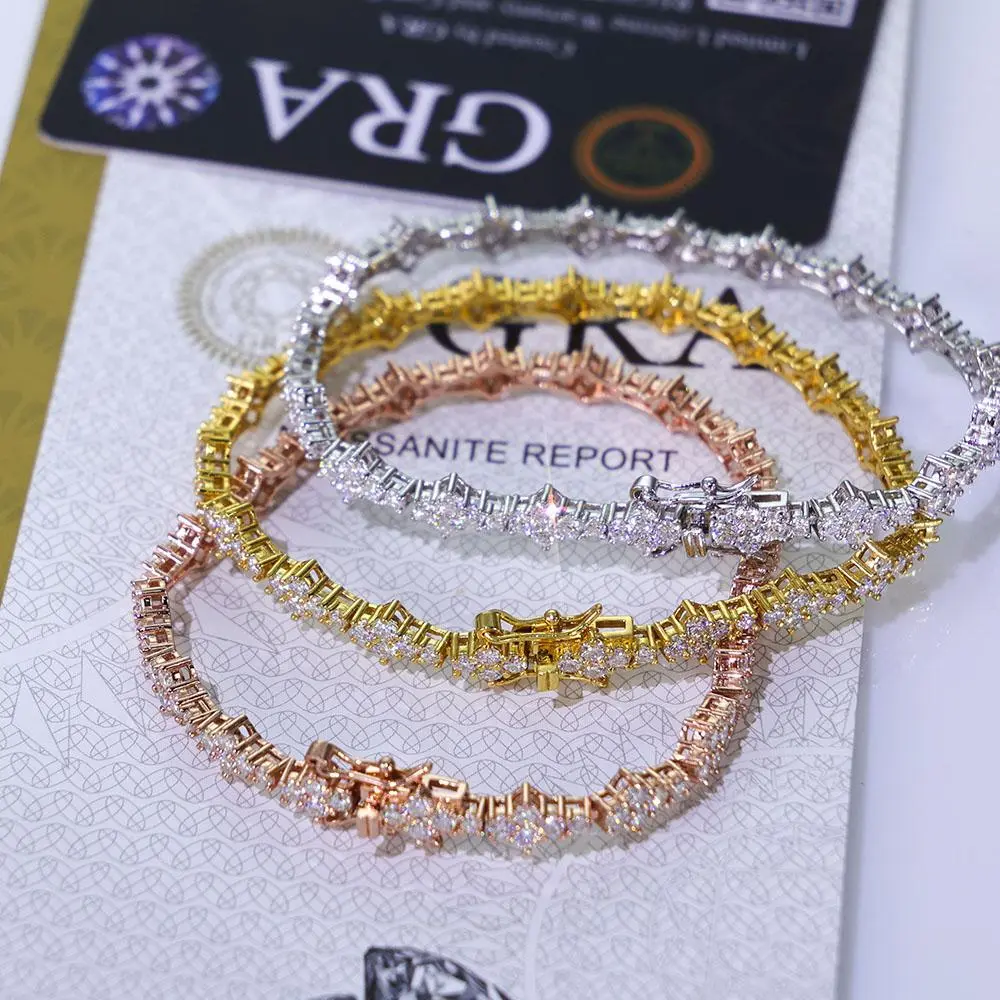 New Custom  Silver Moissanite Tennis Chain Bracelet Sparkling Star Diamond Tested VVS Bracelet Hip-Hop Jewelry