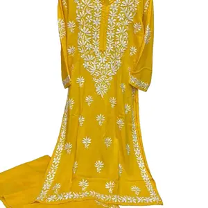 Yellow Chikankari Bollywood Style Designer Kurti Set, Reyon Cotton Top, and Bottom Clothing - chikankari kurta set with dupatta