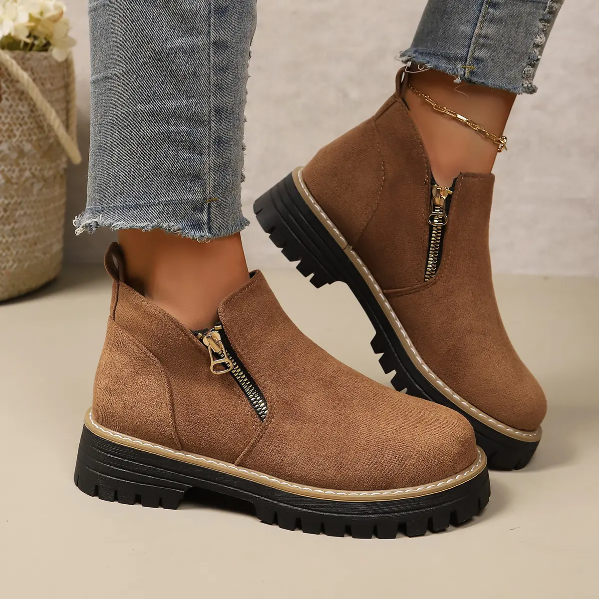 Women's Fashion Thick-sole Ankle Boot Comfortable Slip-Resistant Side-Zip Boots Solid-Color Low-Top Fall/Winter Casual Shoes