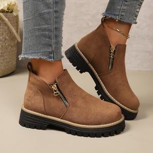 Women's Fashion Thick-sole Ankle Boot Comfortable Slip-Resistant Side-Zip Boots Solid-Color Low-Top Fall/Winter Casual Shoes