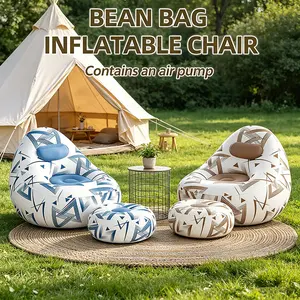Portable Inflatable Recliner Sofa with Footrest, Foldable Air Couch Chair, 90KG Weight Capacity for Camping Travel Indoor Outdoor Relaxation Reclining Sofa Comfy Upholstered Sofa