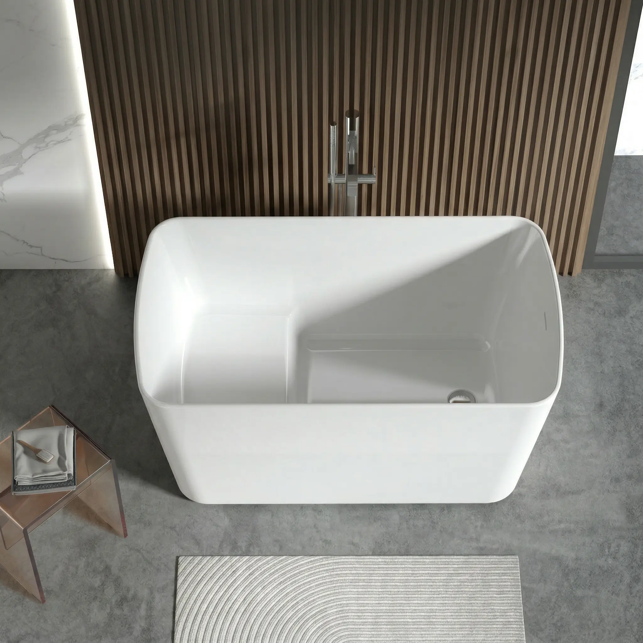 Small Freestanding Bathtub 55", Acrylic Square Soaking Tub with Built-in Seat, Compact Stand Alone Tub for Small Bathroom & Apartment, Chrome Drain & Overflow