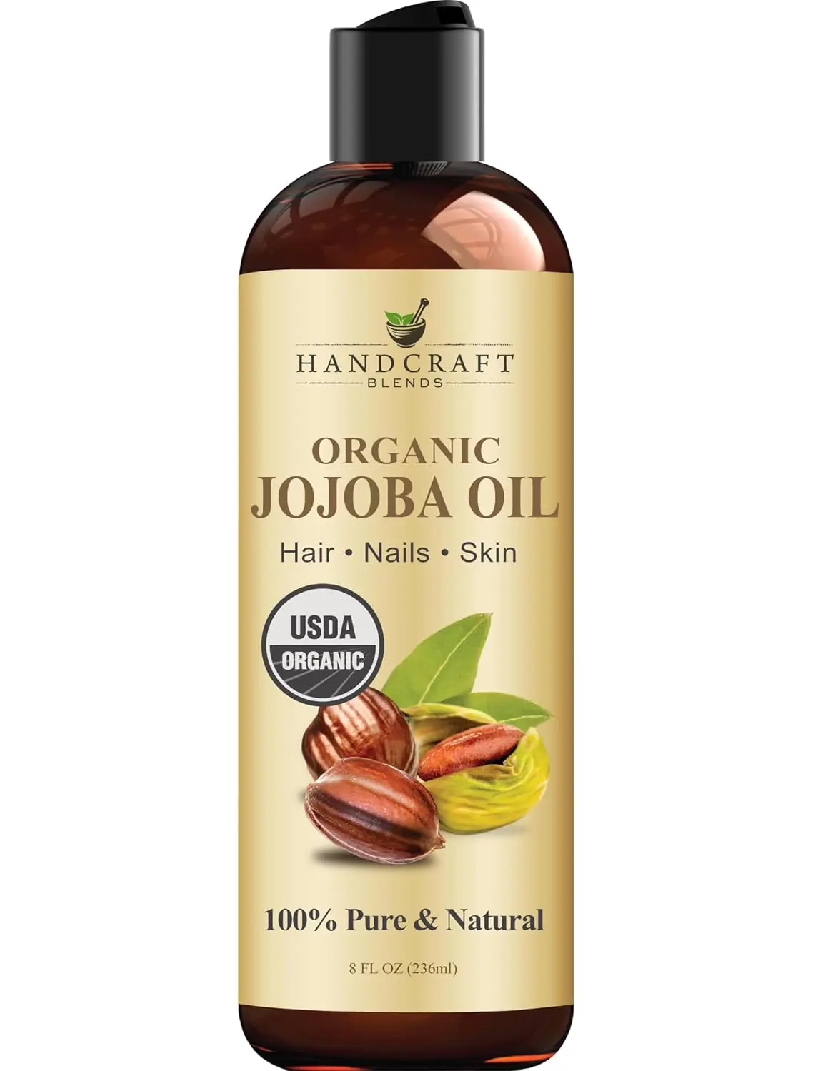 Handcraft Blends USDA Organic Jojoba Oil | Cold-Pressed | 8 Fl Oz | 100% Pure & Natural | for Hair, Skin & Face | Premium Grade Carrier Oil | for Massage & Aromatherapy | Hexane-Free