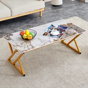 [SOIYELIFE]4723.6" Rock Slab Coffee Table with Natural Marble Pattern, Golden Metal Legs, Modern Design for Stylish Living Spaces
