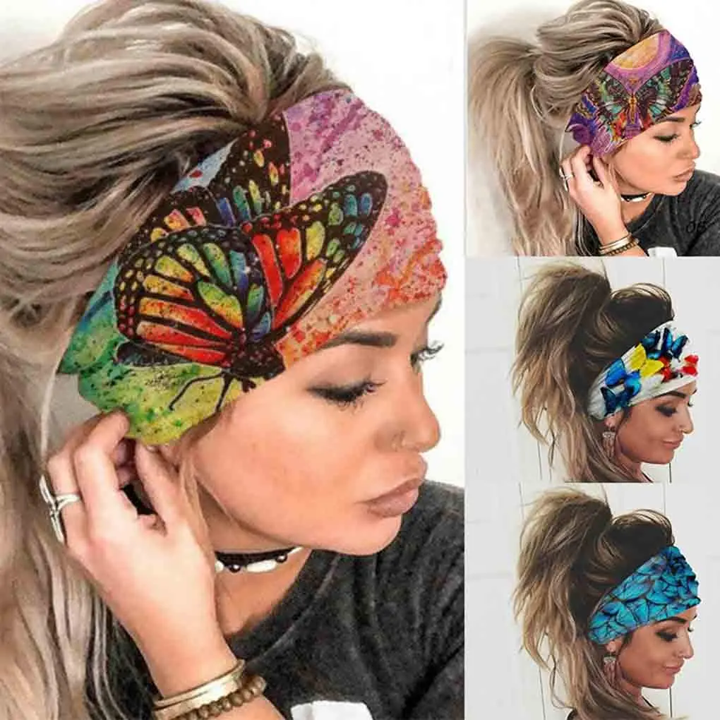 4pcs Wide Boho Headbands Headwrap Butterfly Stretch Button Hair Bands Bandana Yoga Running Athletic Turban Head Bands Head Scarfs Hair Accessories for Women
